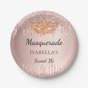 Sweet 16 masquerade rose gold glitter drips party paper plate