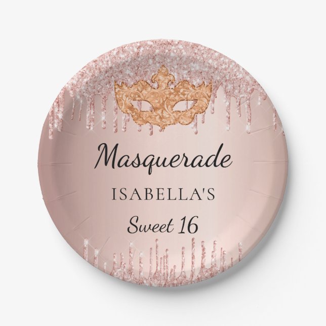 Sweet 16 masquerade rose gold glitter drips party paper plate (Front)