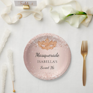 Sweet 16 masquerade rose gold glitter party paper plate