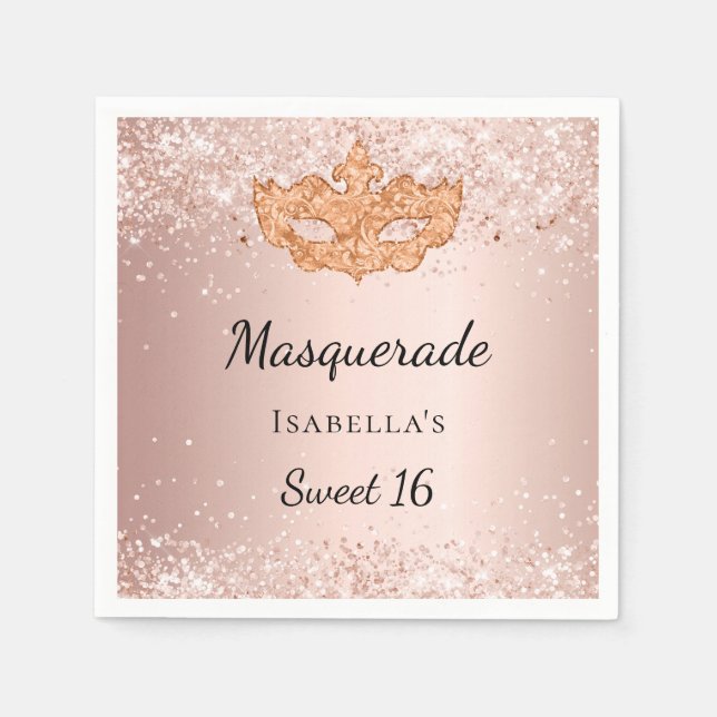 Sweet 16 masquerade rose gold mask party napkin (Front)