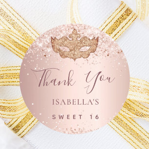 Sweet 16 masquerade rose gold pink Thank You Classic Round Sticker