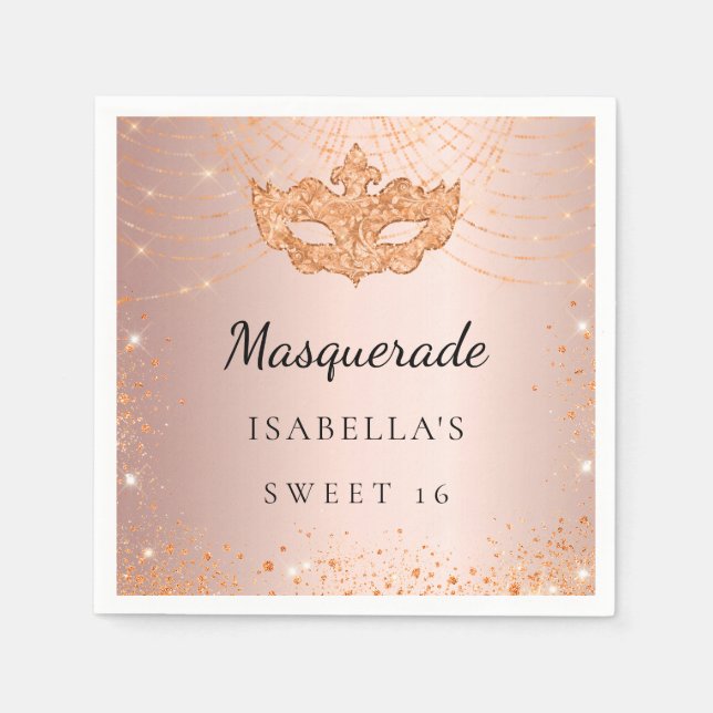 Sweet 16 Masquerade rose gold sparkles party Napkin (Front)