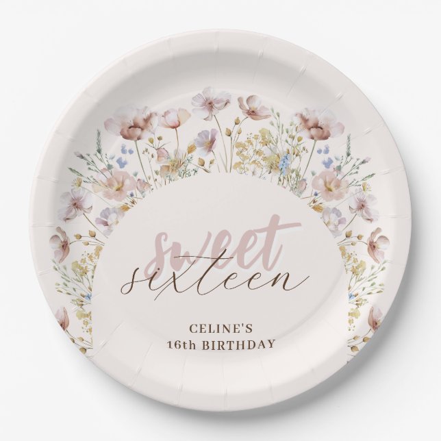 Sweet 16 Meadow Wildflowers Birthday Paper Plate (Front)