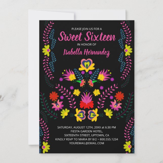 Sweet 16 Mexican Party Flowers Black Birthday Invitation (Front)