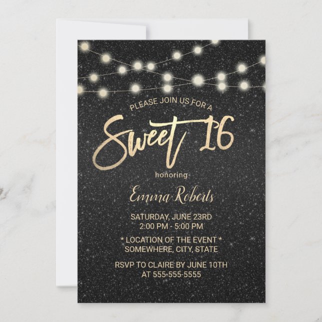Sweet 16 Modern Black Faux Glitter Typography Invitation (Front)