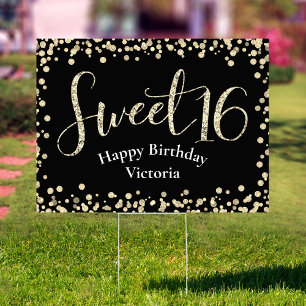 Sweet 16 Modern Black Gold Glitter Birthday Yard Garden Sign
