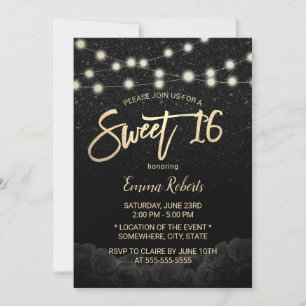 Sweet 16 Modern Black Rose Floral Black Glitter Invitation