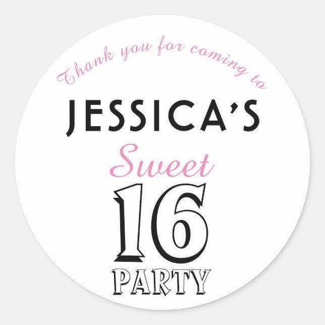 Sweet 16 Modern Chic Pink Birthday Party Thank You Classic Round Sticker (Front)