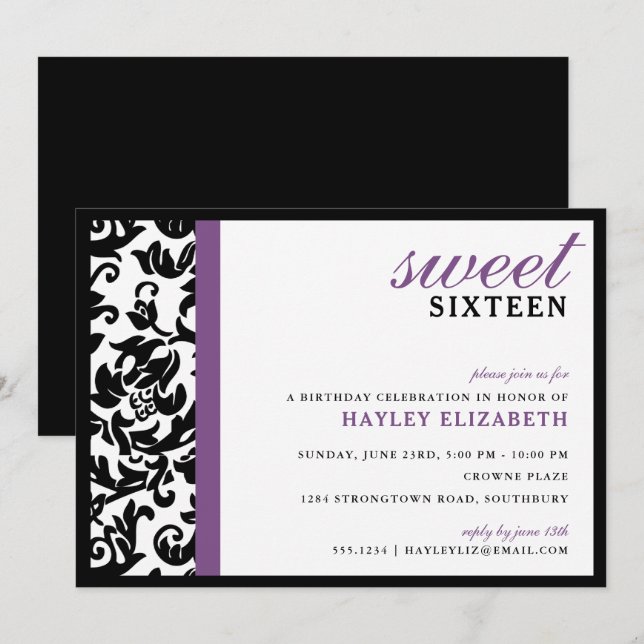 Sweet 16 Modern Damask with Border, Purple Invitation (Front/Back)