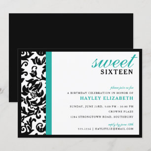 Sweet 16 Modern Damask with Border, Turquoise Invitation