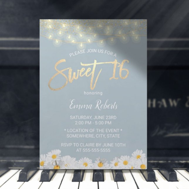 Sweet 16 Modern Dusty Blue Daisy Flowers Invitation (Creator Uploaded)
