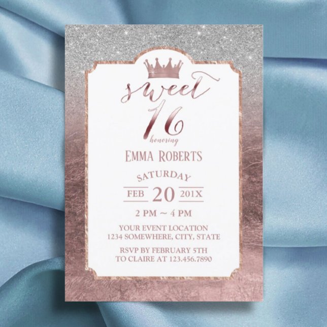 Sweet 16 Modern Foil Rose Gold Princess Crown #2 Invitation (Creator Uploaded)