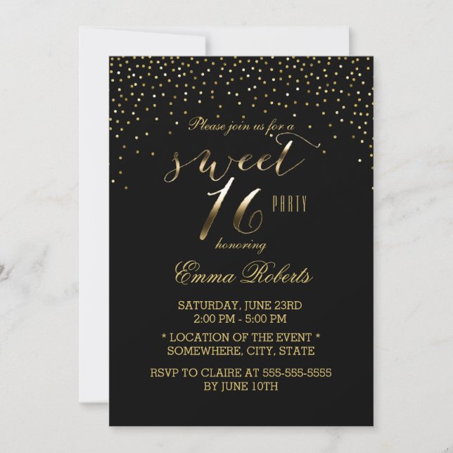 Sweet 16 Modern Gold Confetti Elegant Black Invitation (Front)