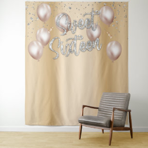 Sweet 16 Modern Gold Girl 16th Birthday Balloons Tapestry