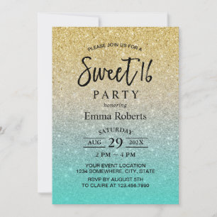 Sweet 16 Modern Gold & Turquoise Glitter Birthday Invitation