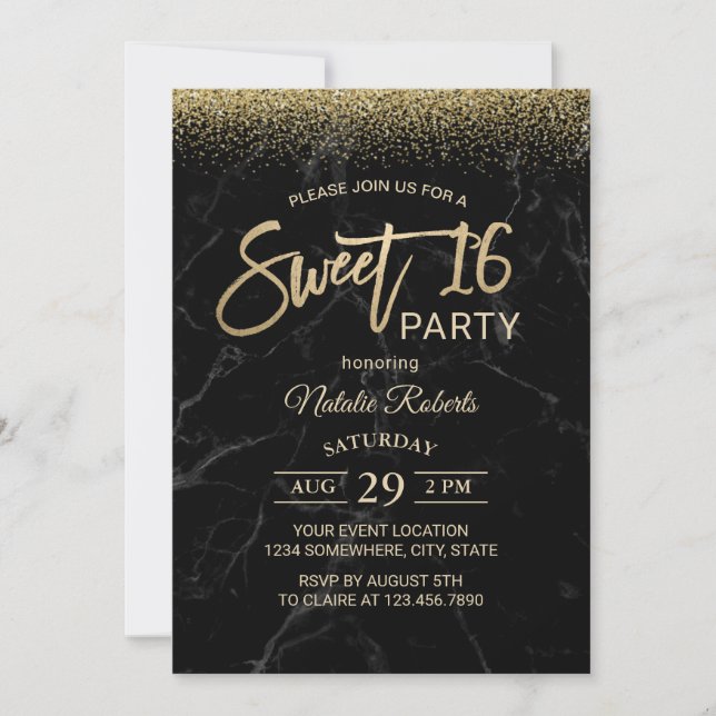 Sweet 16 Modern Gold Typography Black Marble Invitation (Front)