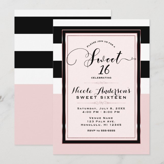 Sweet 16 Modern Pink Black & White Stripes Party Invitation (Front/Back)