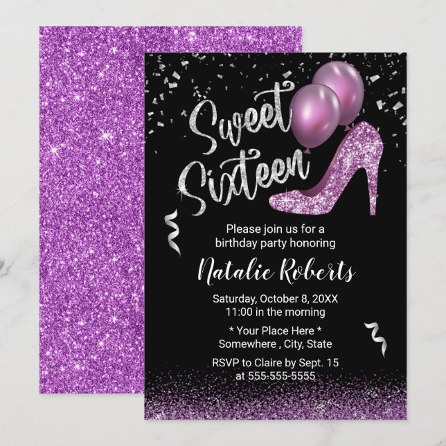 Sweet 16 Modern Purple Glitter Girl 16th Birthday Invitation (Front/Back)