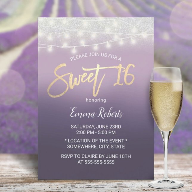 Sweet 16 Modern Purple Ombre Silver Glitter Invitation (Creator Uploaded)