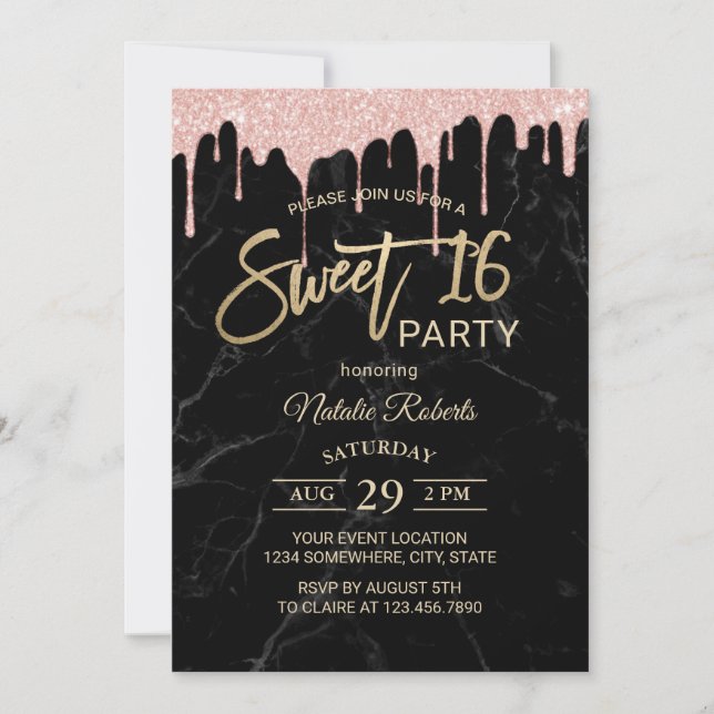 Sweet 16 Modern Rose Gold Drips Black Marble Invitation (Front)