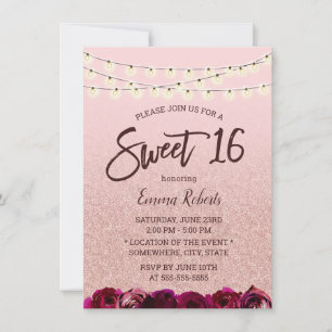Sweet 16 Modern Rose Gold Floral String Lights Invitation