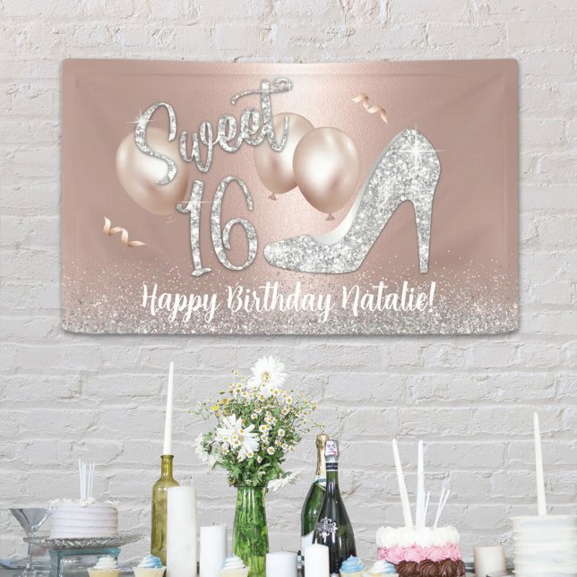 Sweet 16 Modern Rose Gold Girl 16th Birthday  Banner (Creator Uploaded)