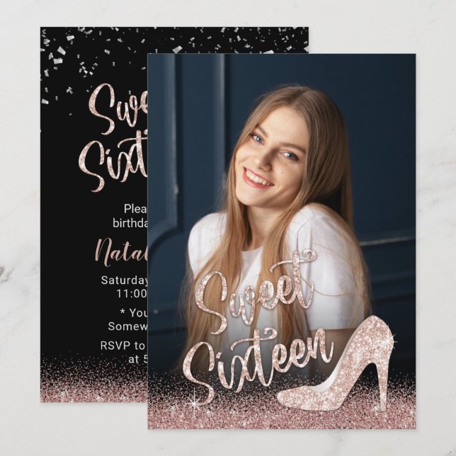 Sweet 16 Modern Rose Gold Glitter Photography Invitation (Front/Back)