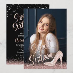 Sweet 16 Modern Rose Gold Glitter Photography Invitation