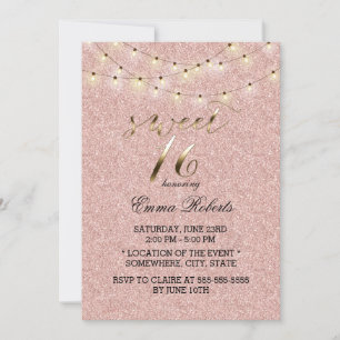 Sweet 16 Modern Rose Gold Glitter String Lights Invitation