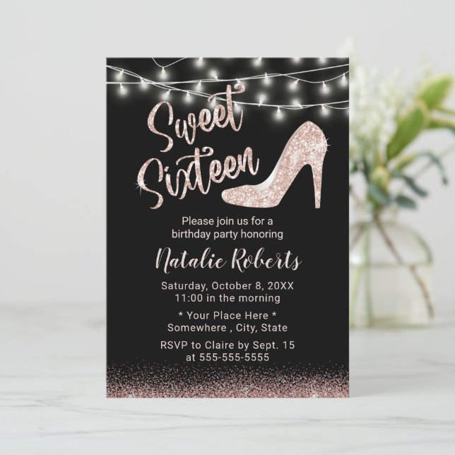 Sweet 16 Modern Rose Gold High Heel Girl Birthday Invitation (Standing Front)