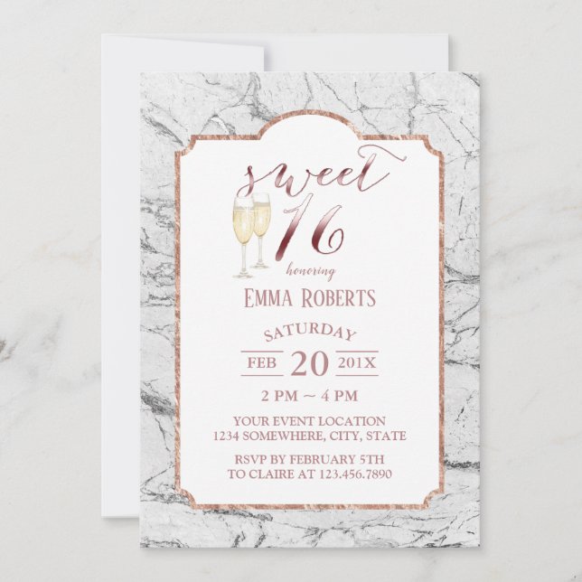 Sweet 16 Modern Rose Gold Trendy White Marble Invitation (Front)