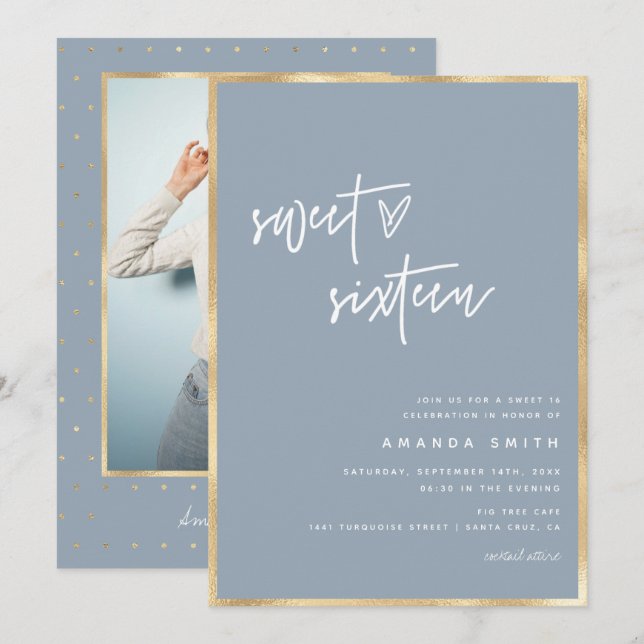 Sweet 16 Modern Script Gold Dusty Blue Birthday  Invitation (Front/Back)