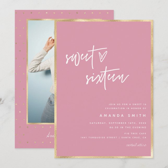 Sweet 16 Modern Script Gold Foil Pink Birthday Invitation (Front/Back)