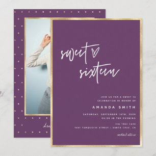 Sweet 16 Modern Script Gold Foil Purple Birthday Invitation