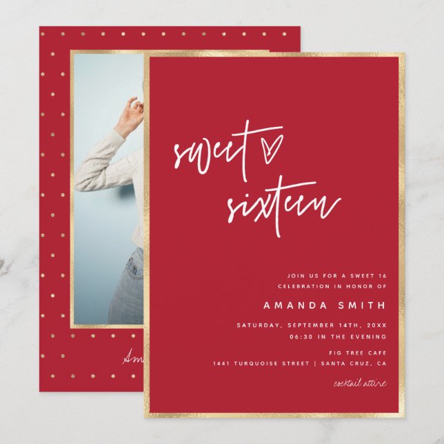 Sweet 16 Modern Script Gold Foil Red Birthday Invitation (Front/Back)