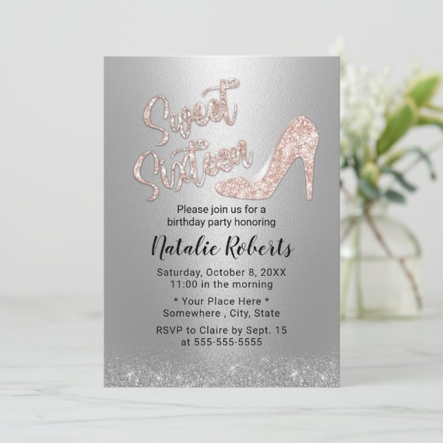 Sweet 16 Modern Silver Rose Gold High Heel Invitation (Standing Front)