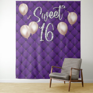 Sweet 16 Modern Silver Script Luxury Purple Tufted Tapestry