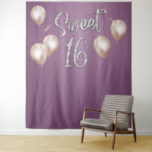 Sweet 16 Modern Silver Typography Purple Backdrops Tapestry