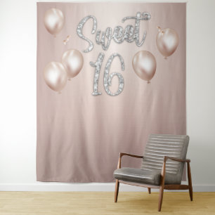 Sweet 16 Modern Silver Typography Rose Gold Tapestry