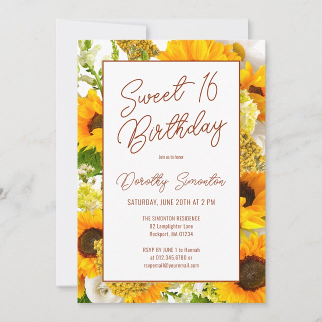 Sweet 16 Modern Sunflower Floral Invitation (Front)
