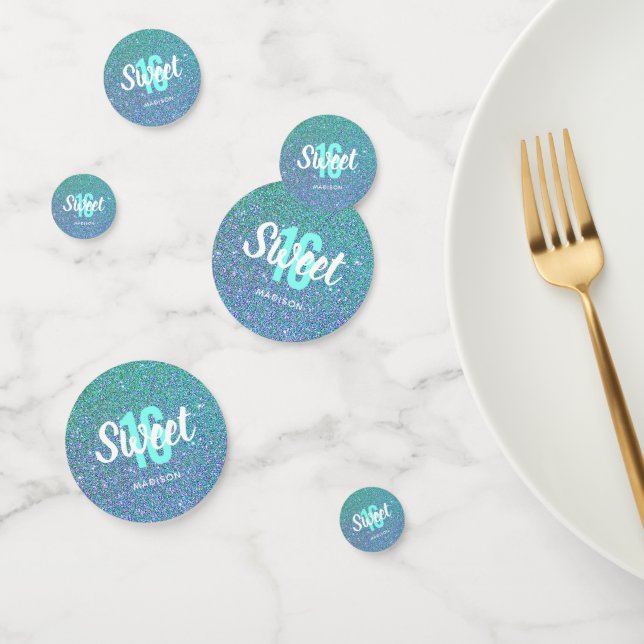 Sweet 16 Modern Teal Blue Glitter Personalised Confetti (Group)