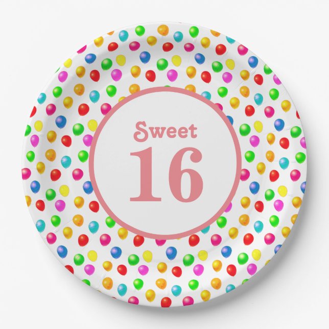 Sweet 16 & Multicolored Festive Balloons Birthday Paper Plate (Front)