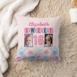 Sweet 16 name 2 photos gerbera flowers pink cushion
