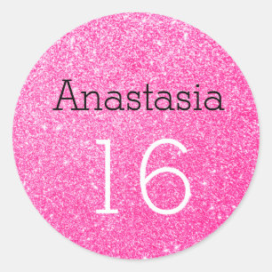 Sweet 16 Name Age Black & Hot Pink Glitter Sparkle Classic Round Sticker