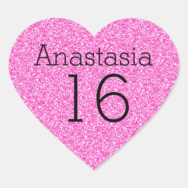 Sweet 16 Name Age Black & Hot Pink Glitter Sparkle Heart Sticker (Front)