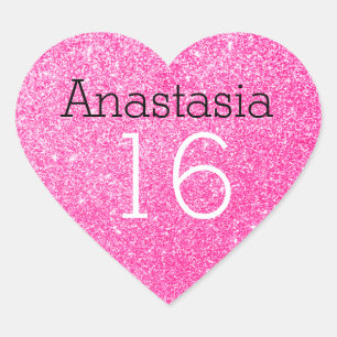 Sweet 16 Name Age Black & Hot Pink Glitter Sparkle Heart Sticker