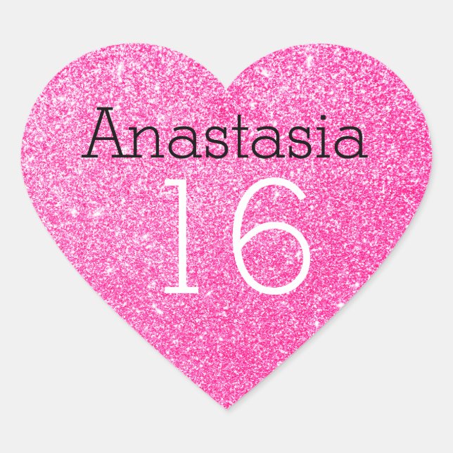 Sweet 16 Name Age Black & Hot Pink Glitter Sparkle Heart Sticker (Front)