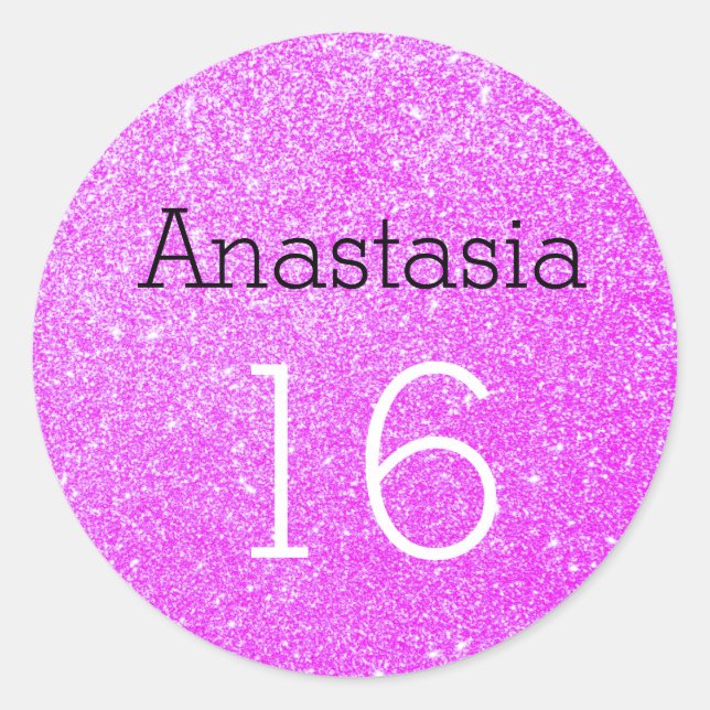 Sweet 16 Name Age Black & Purple Glitter Sparkles Classic Round Sticker (Front)