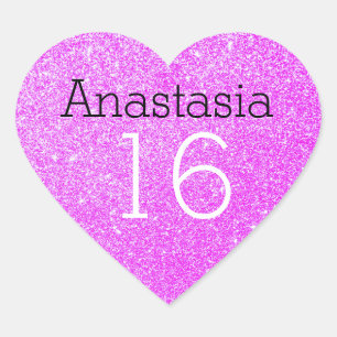 Sweet 16 Name Age Black & Purple Glitter Sparkles Heart Sticker