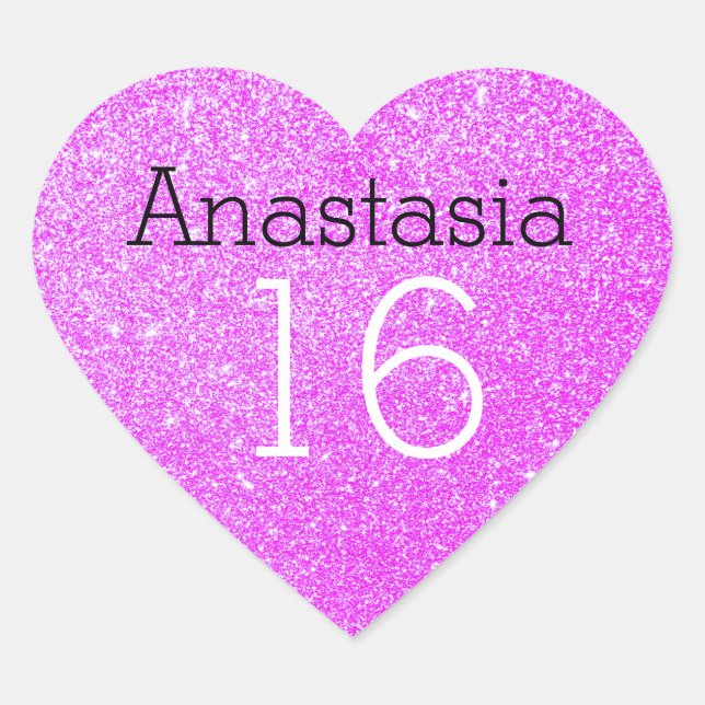 Sweet 16 Name Age Black & Purple Glitter Sparkles Heart Sticker (Front)